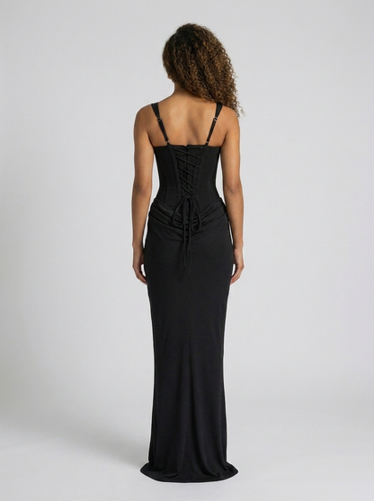 Tarina Ruched Lace-Up Maxi Dress - Black