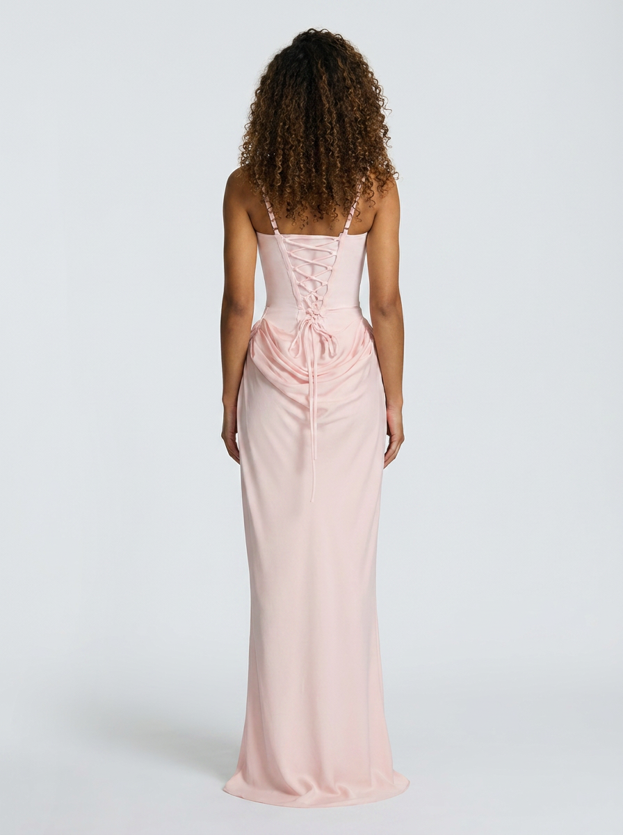 Tarina Ruched Lace-Up Maxi Dress - Blush Pink