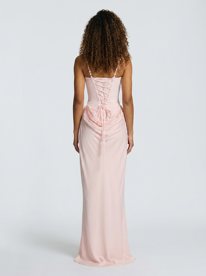 Tarina Ruched Lace-Up Maxi Dress - Blush Pink