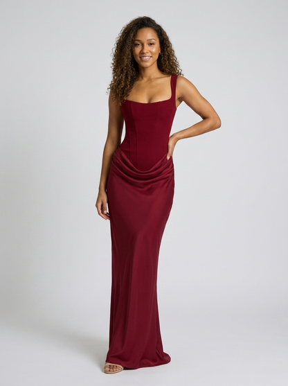 Tarina Ruched Lace-Up Maxi Dress - Burgundy