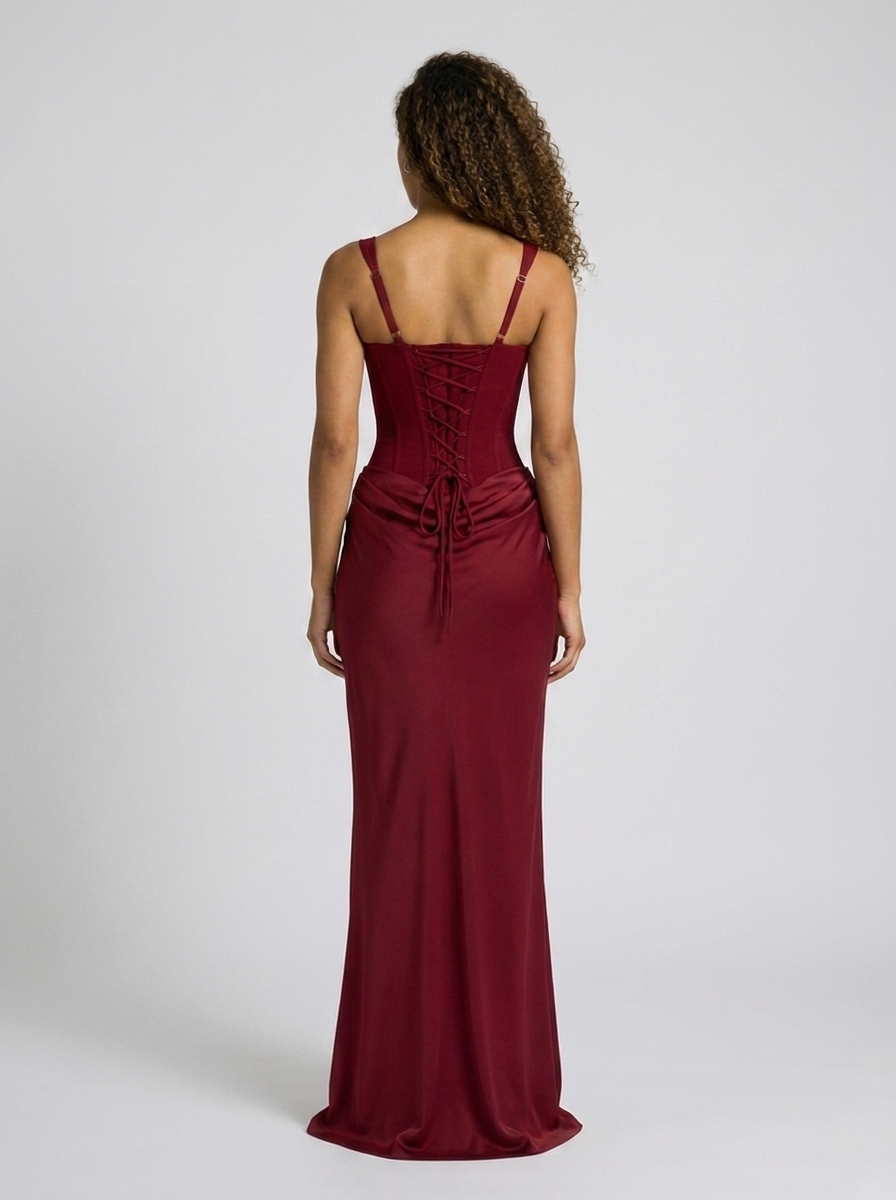 Tarina Ruched Lace-Up Maxi Dress - Burgundy