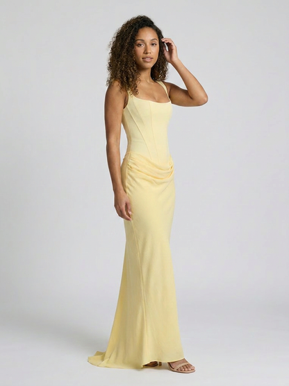 Tarina Ruched Lace-Up Maxi Dress - Butter Yellow