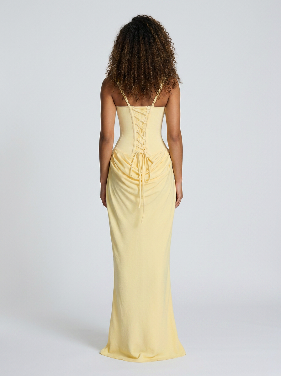 Tarina Ruched Lace-Up Maxi Dress - Butter Yellow