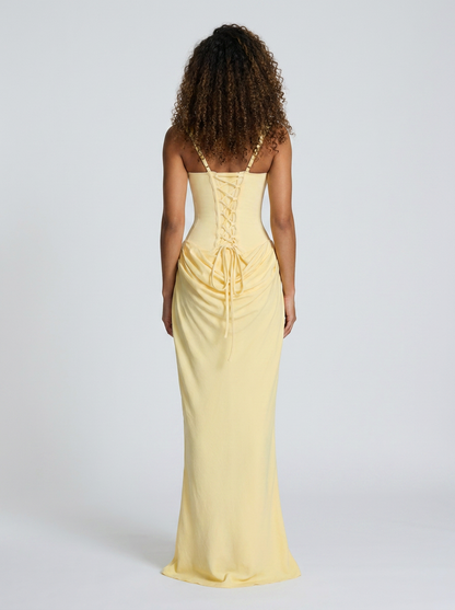 Tarina Ruched Lace-Up Maxi Dress - Butter Yellow