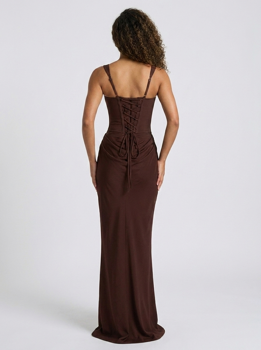 Tarina Ruched Lace-Up Maxi Dress - Chocolate Brown