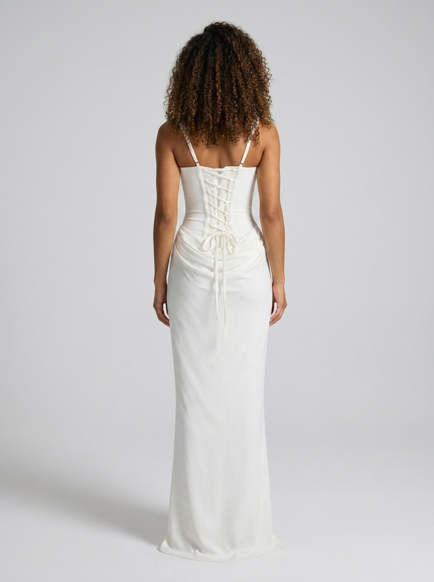 Tarina Ruched Lace-Up Maxi Dress - Ivory