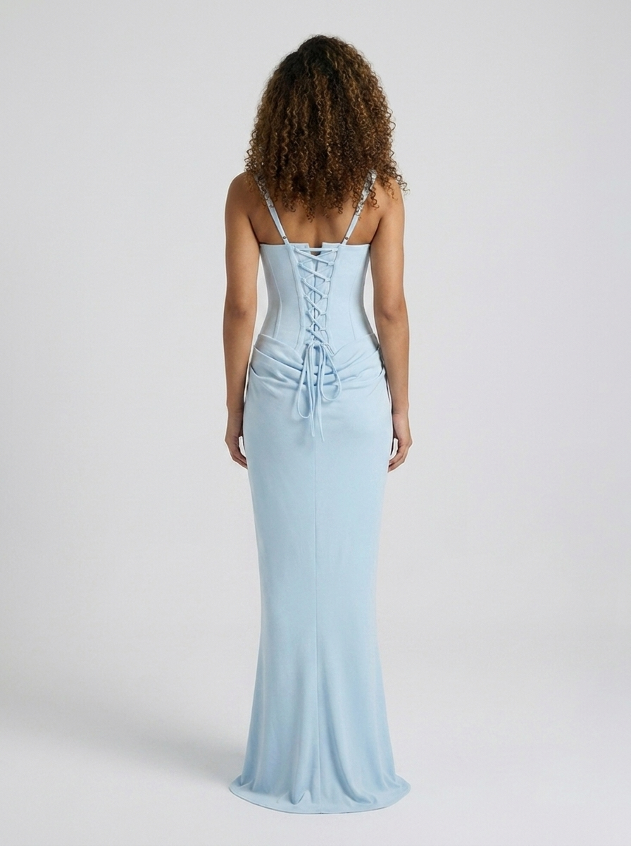 Tarina Ruched Lace-Up Maxi Dress - Sky Blue