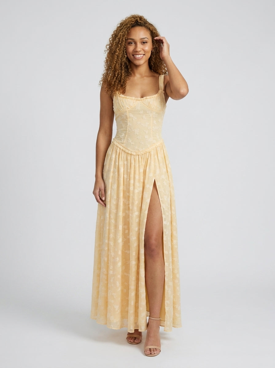 Taryn High Slit Fitted Bodice Maxi Dress - Butter Yellow