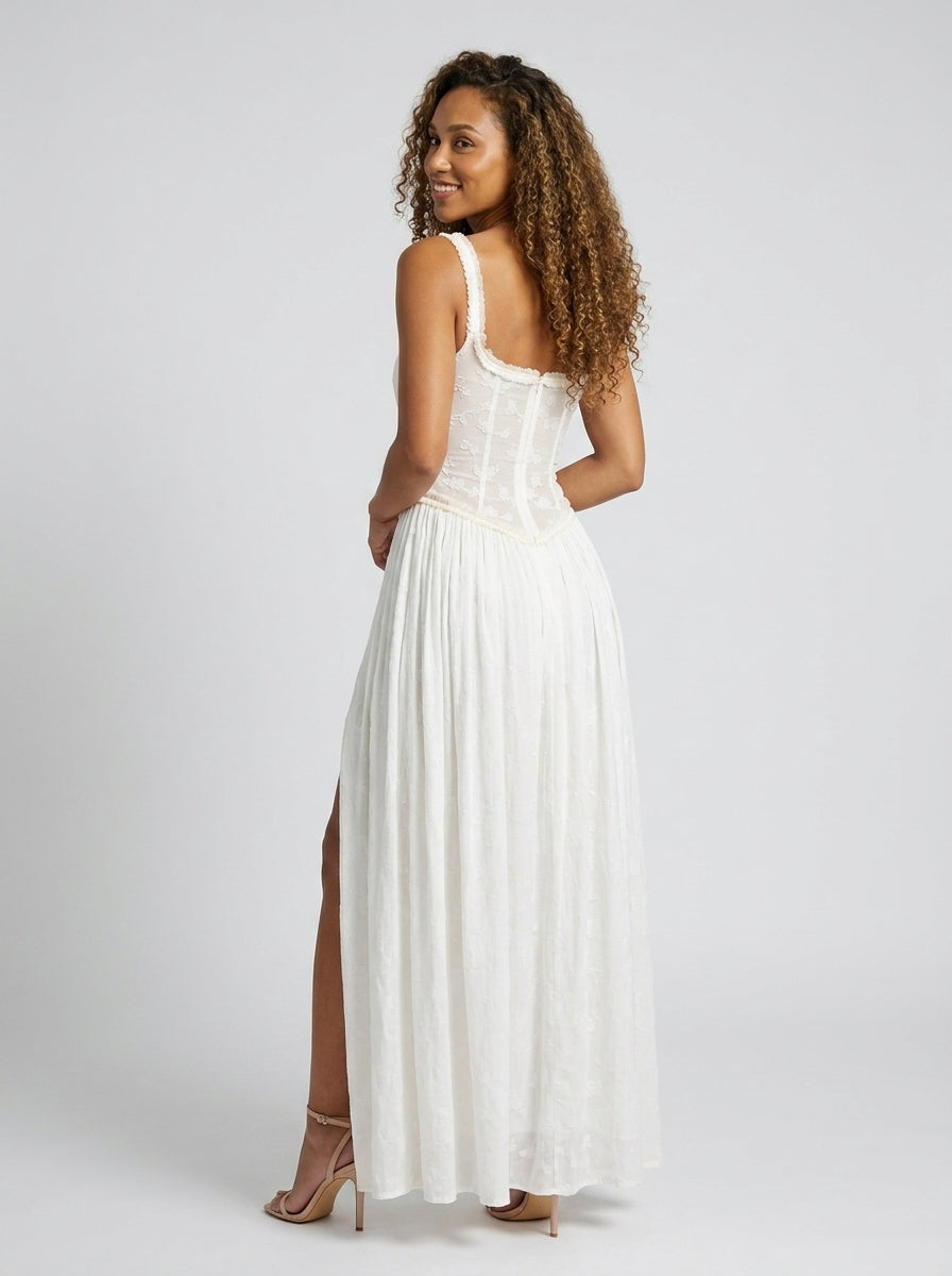 Taryn High Slit Fitted Bodice Maxi Dress - White