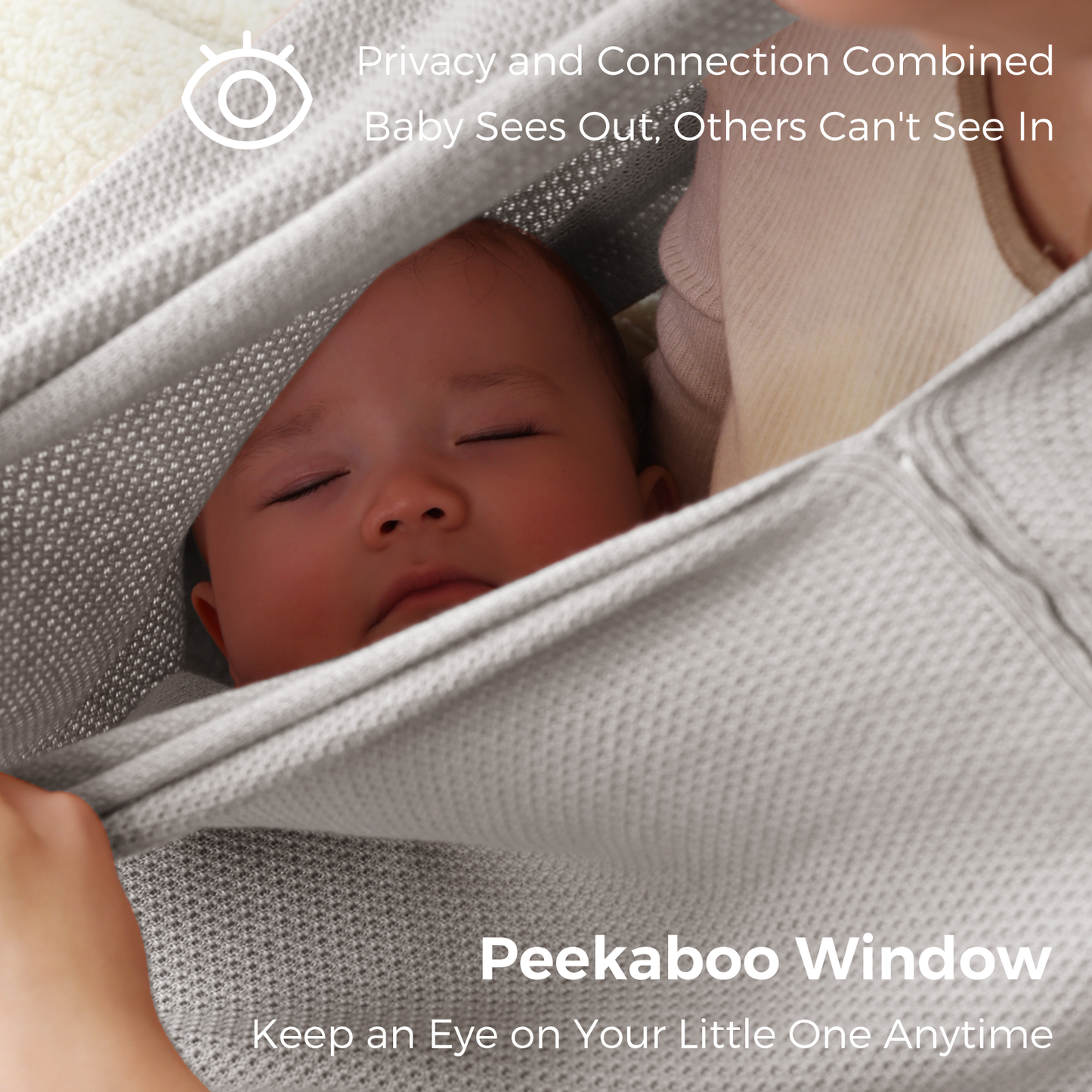 Gray nursing poncho peekaboo window detail with sleeping infant visible