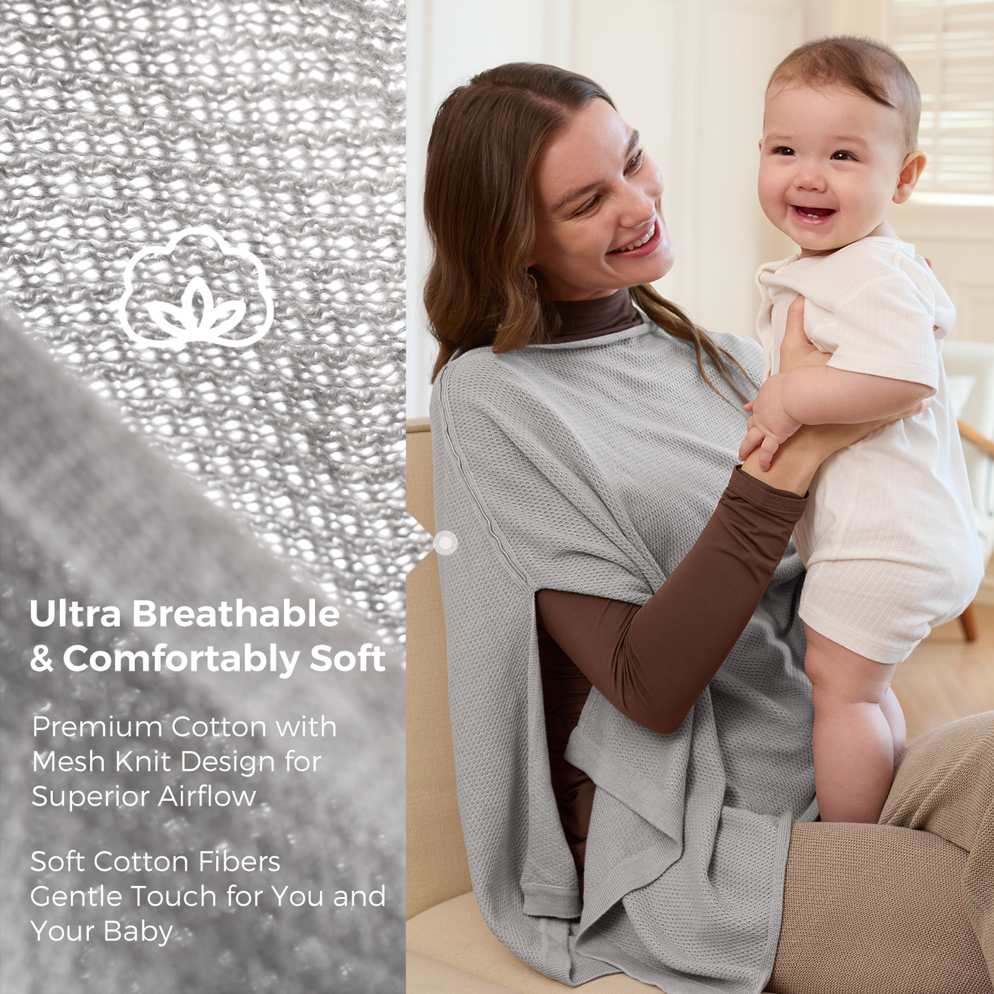 Taupe nursing poncho with breathable mesh knit and soft cotton fibers