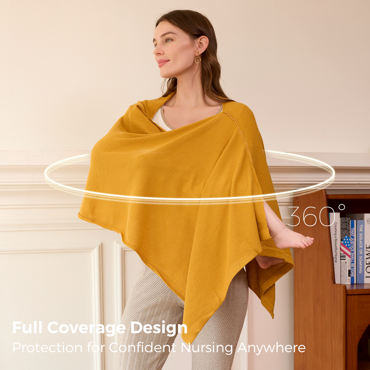 Golden yellow nursing poncho draped for 360-degree nursing coverage