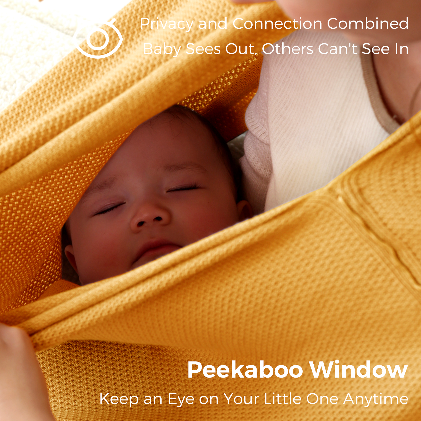 Sleeping infant visible through peekaboo window in golden nursing poncho