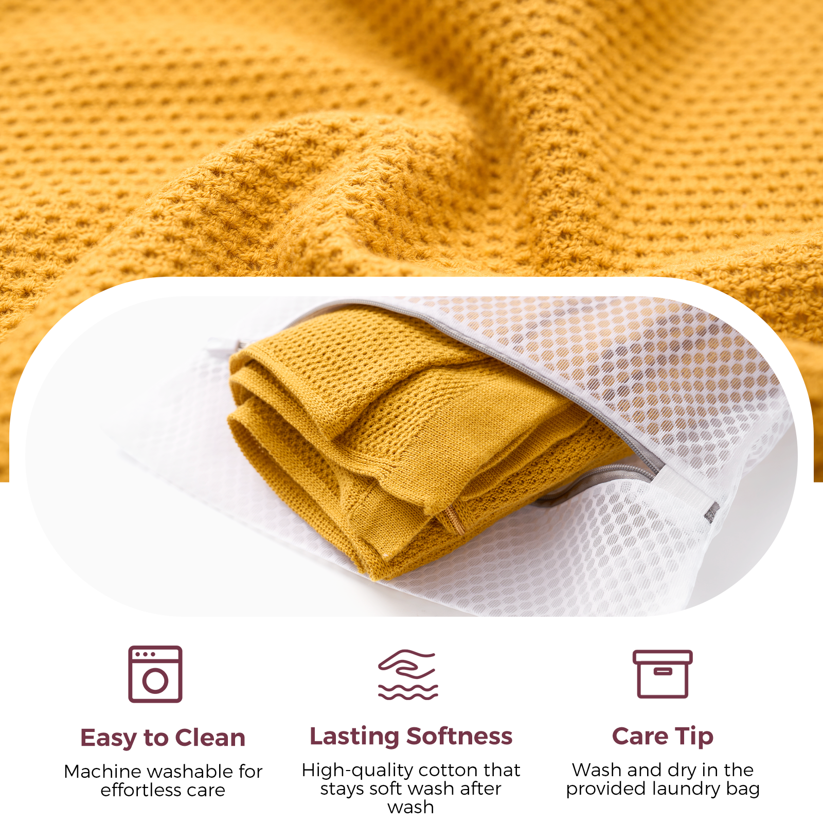 Folded golden nursing poncho with mesh knit texture in laundry bag