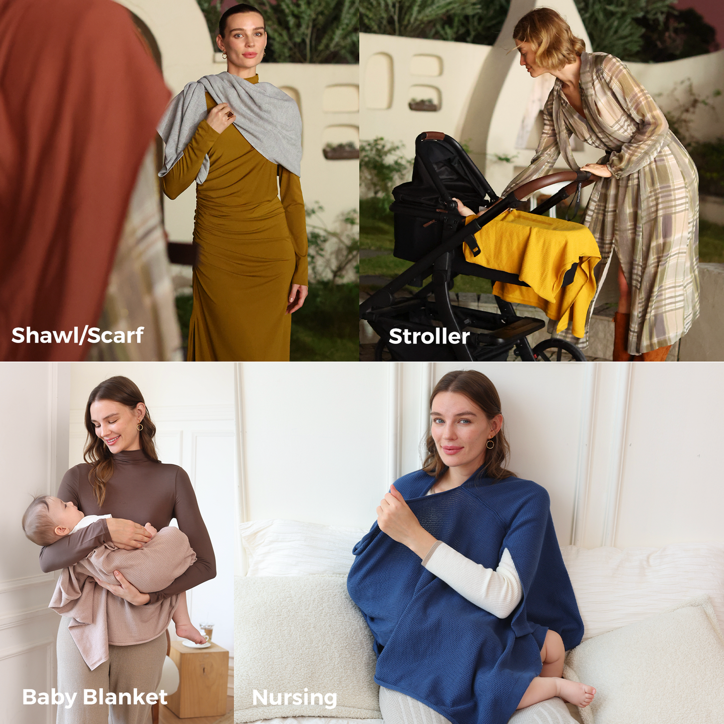 Nursing poncho styled as shawl, stroller cover, baby blanket, and nursing top