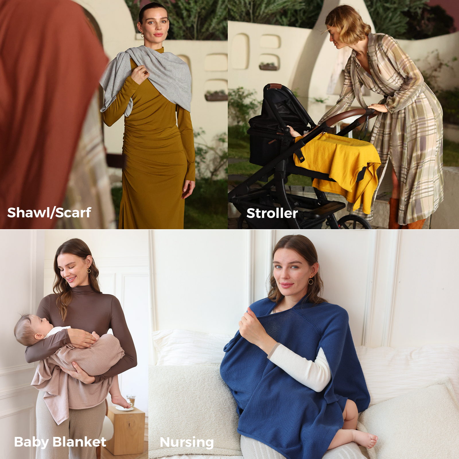 Nursing poncho styled as shawl, stroller cover, baby blanket, and nursing top