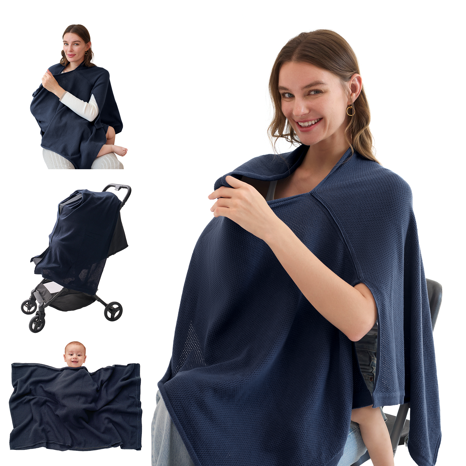 Woman wearing navy nursing poncho demonstrating multiple use cases