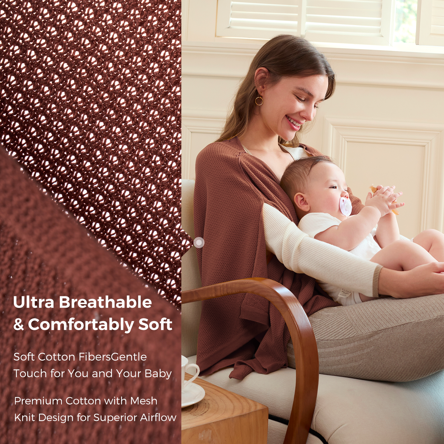 Taupe mesh knit nursing poncho showing breathable fabric texture