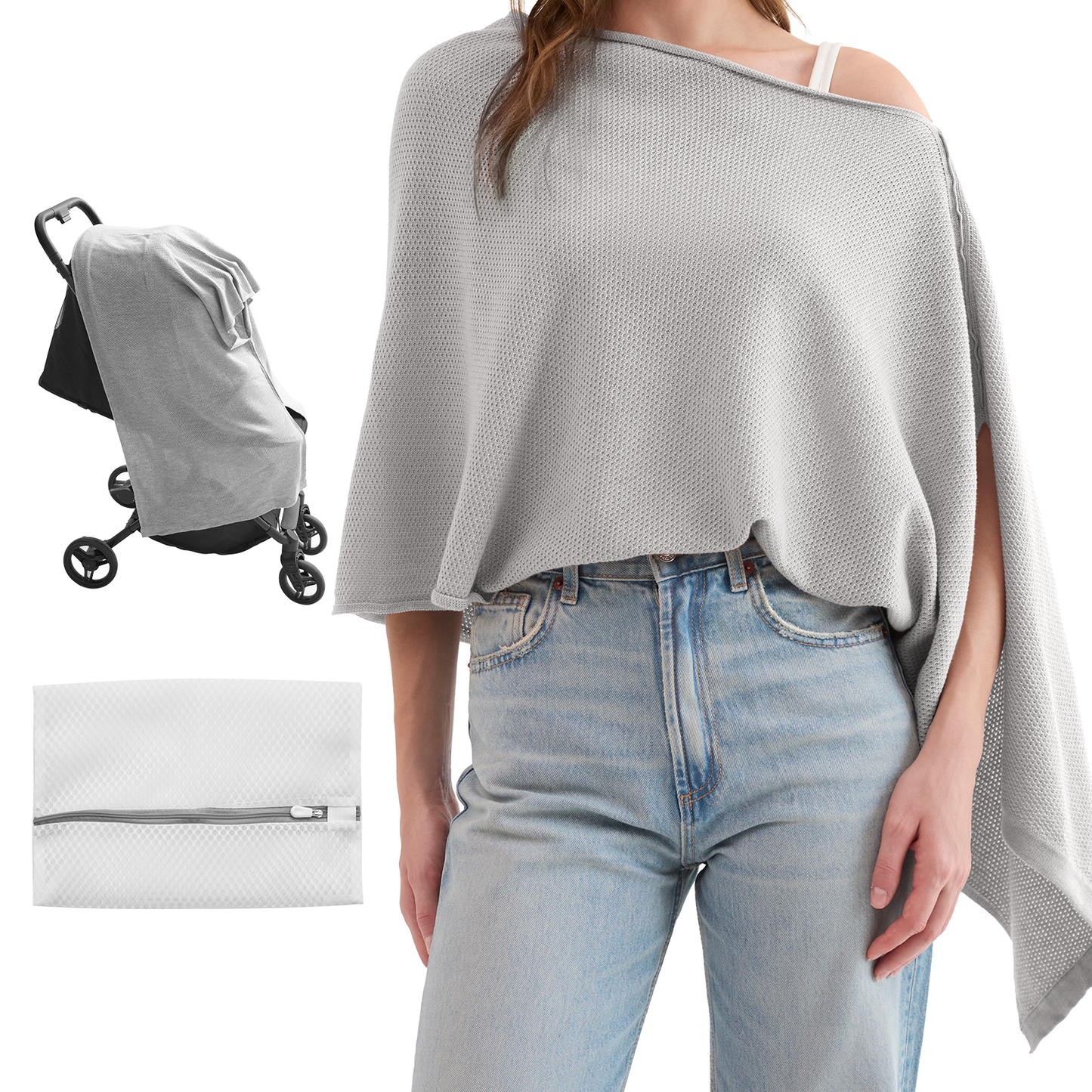 Light gray nursing poncho draped over shoulder with asymmetrical hem