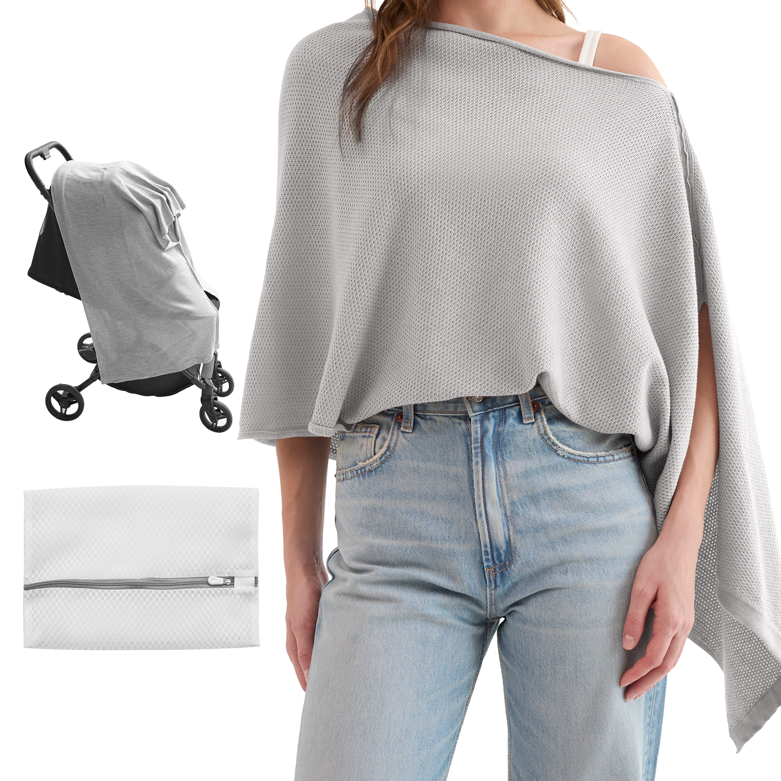 Light gray nursing poncho draped over shoulder with asymmetrical hem
