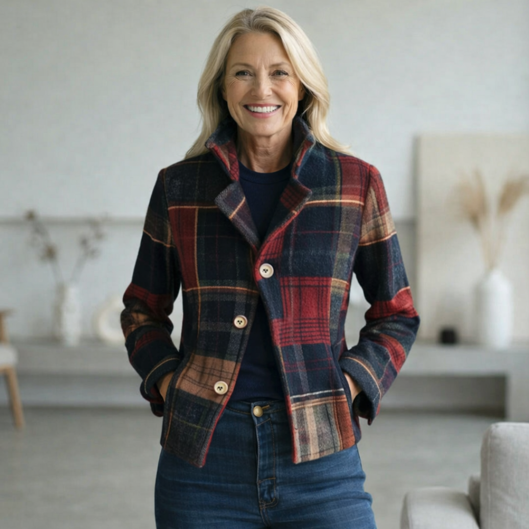 Tavia Plaid Patchwork Button Jacket - Navy and Red Plaid