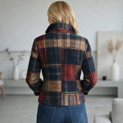 Tavia Plaid Patchwork Button Jacket - Navy and Red Plaid