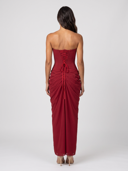 Thora Strapless Slit Maxi Dress - Burgundy