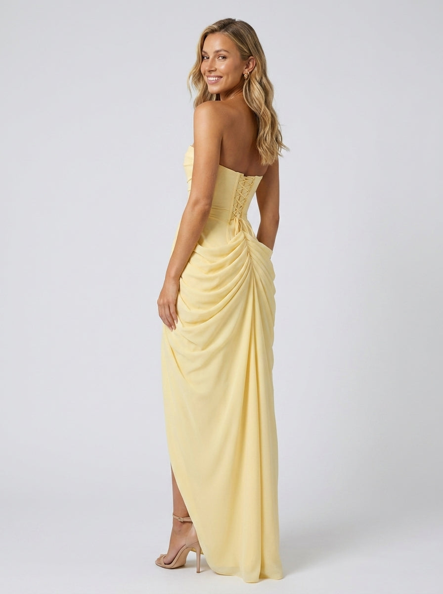 Thora Strapless Slit Maxi Dress - Butter Yellow