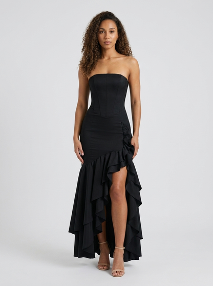 Tierney Strapless Ruffle Mermaid Maxi Dress - Black