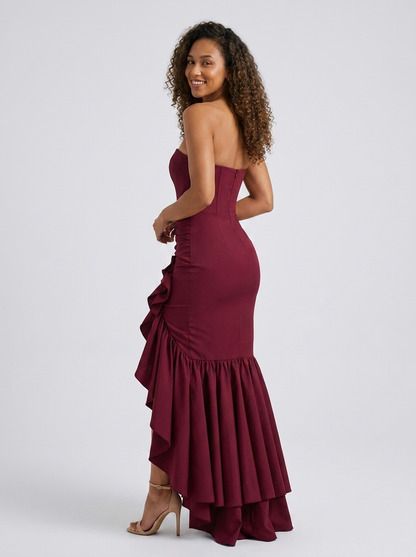 Tierney Strapless Ruffle Mermaid Maxi Dress - Burgundy