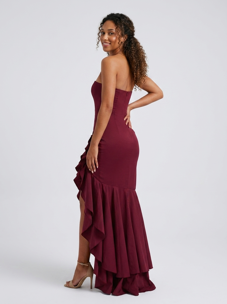 Tierney Strapless Ruffle Mermaid Maxi Dress - Burgundy