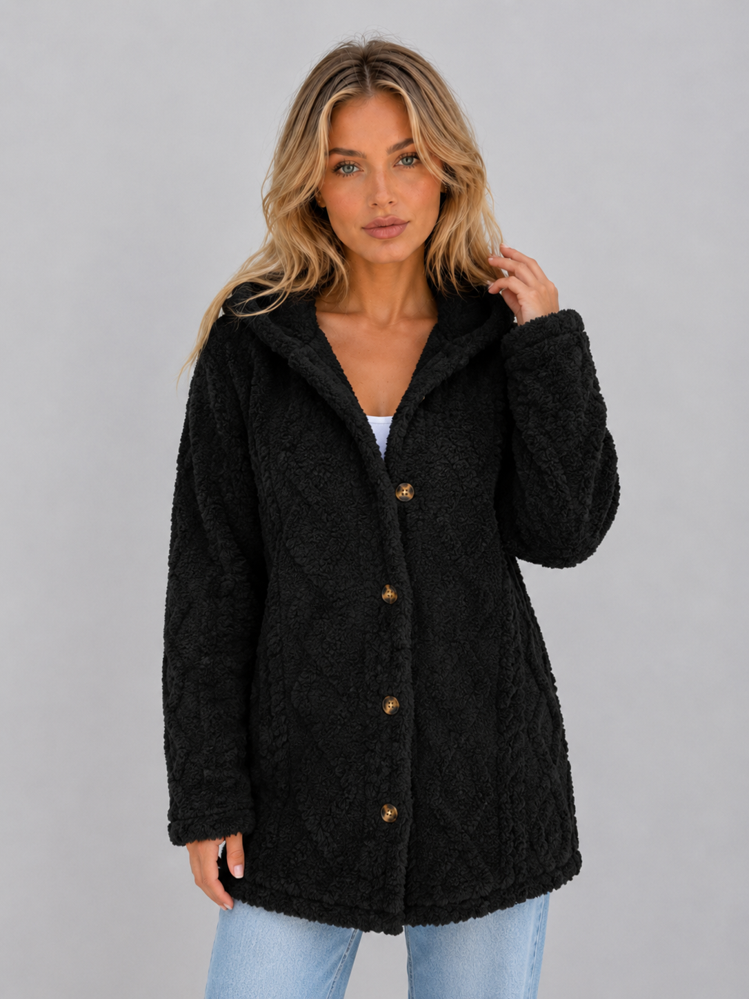 Trista Hooded Fleece Cardigan - Black