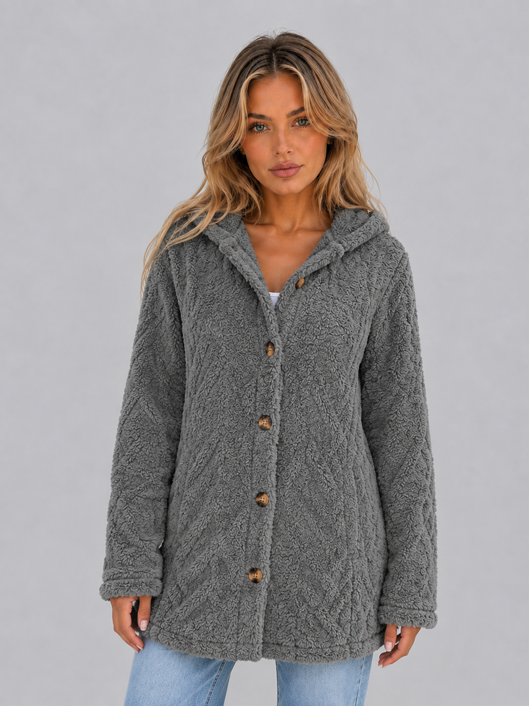 Trista Hooded Fleece Cardigan - Dark Gray