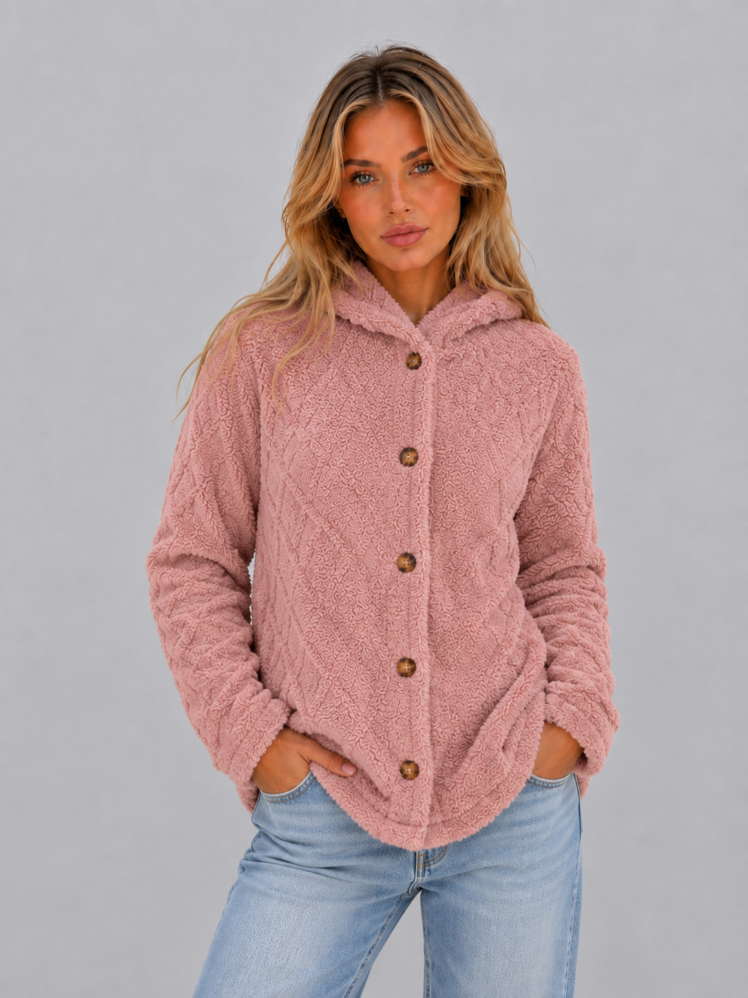 Trista Hooded Fleece Cardigan - Dusty Rose