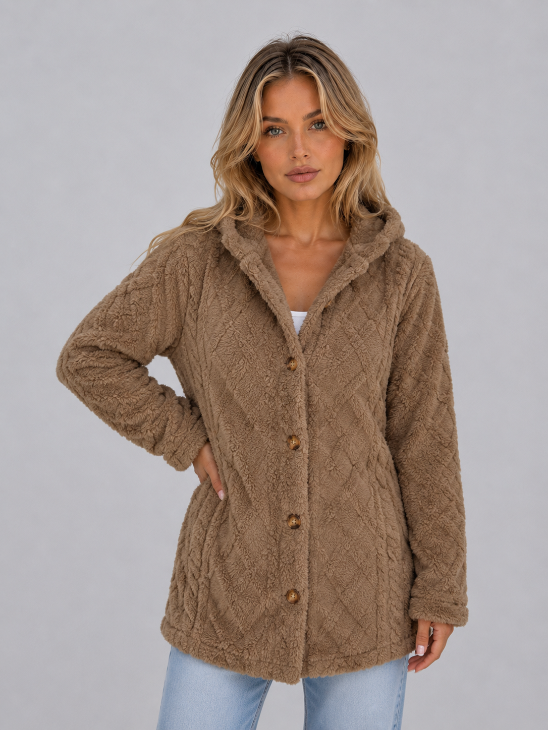 Trista Hooded Fleece Cardigan - Mocha