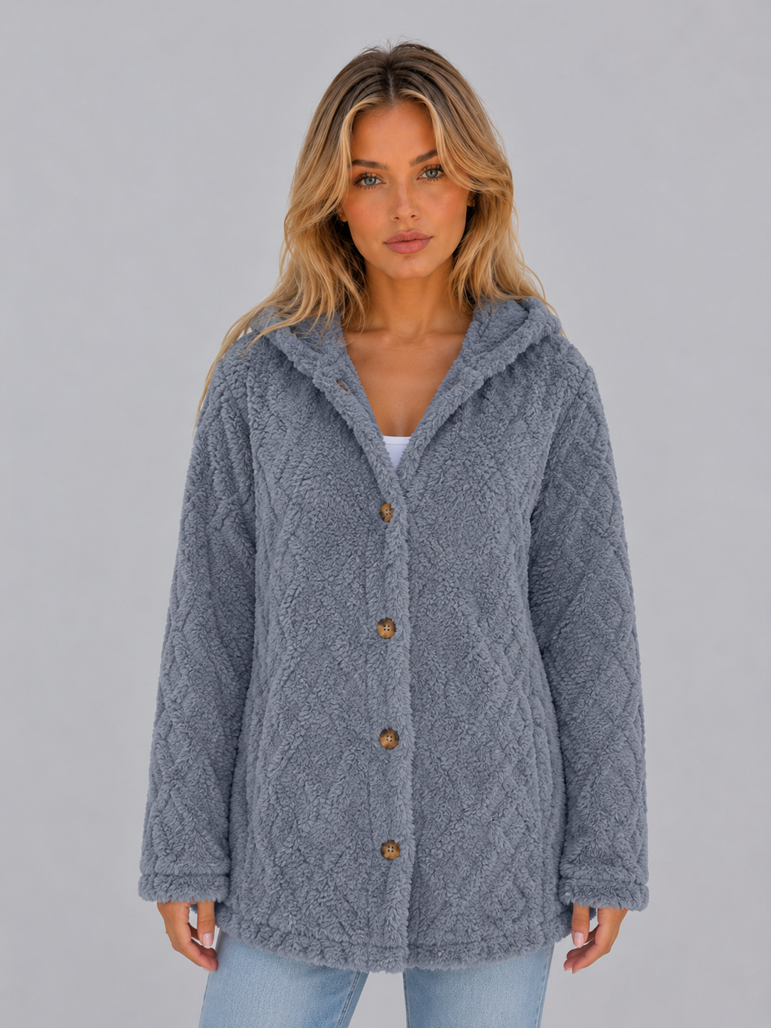 Trista Hooded Fleece Cardigan - Steel Blue