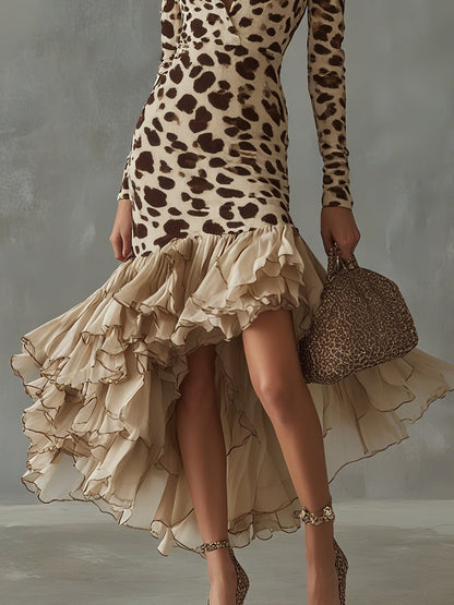 Tuva Leopard Ruffle Hem Midi Dress - Beige Leopard