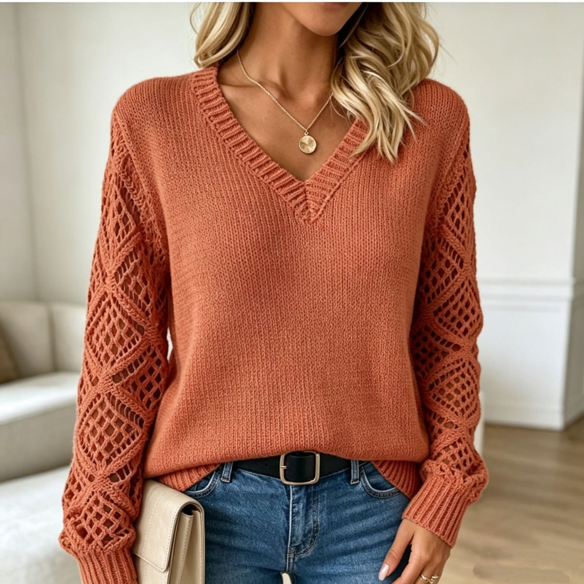 Tyra Pointelle Sleeve V-Neck Sweater - Rust