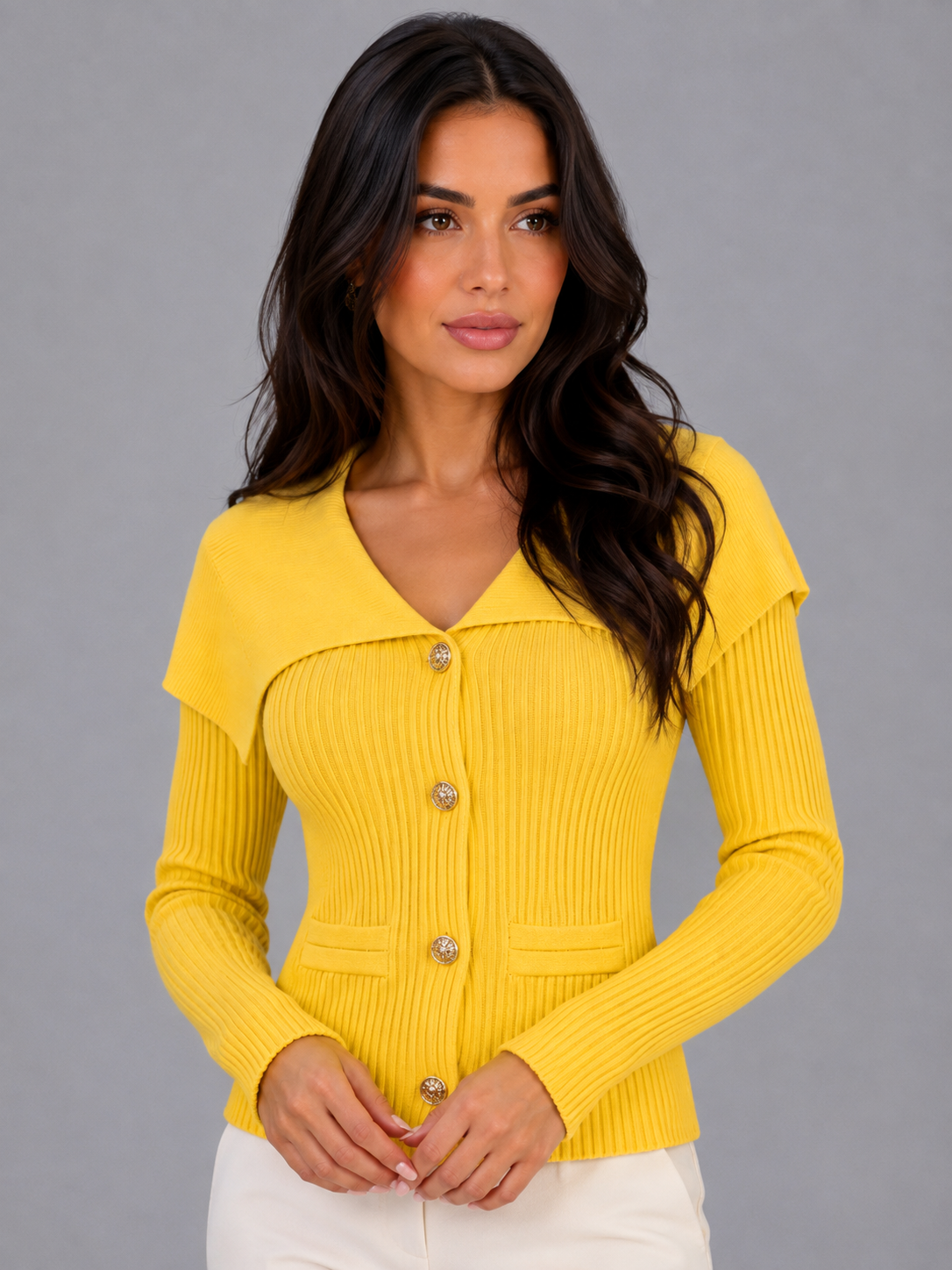 Ulani Gold Button Cape Collar Cardigan - Yellow