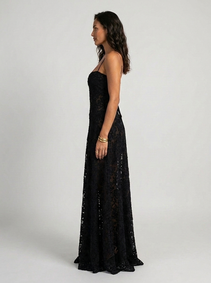 Ulyana Lace Cami Lace-Up Back Maxi Dress - Black