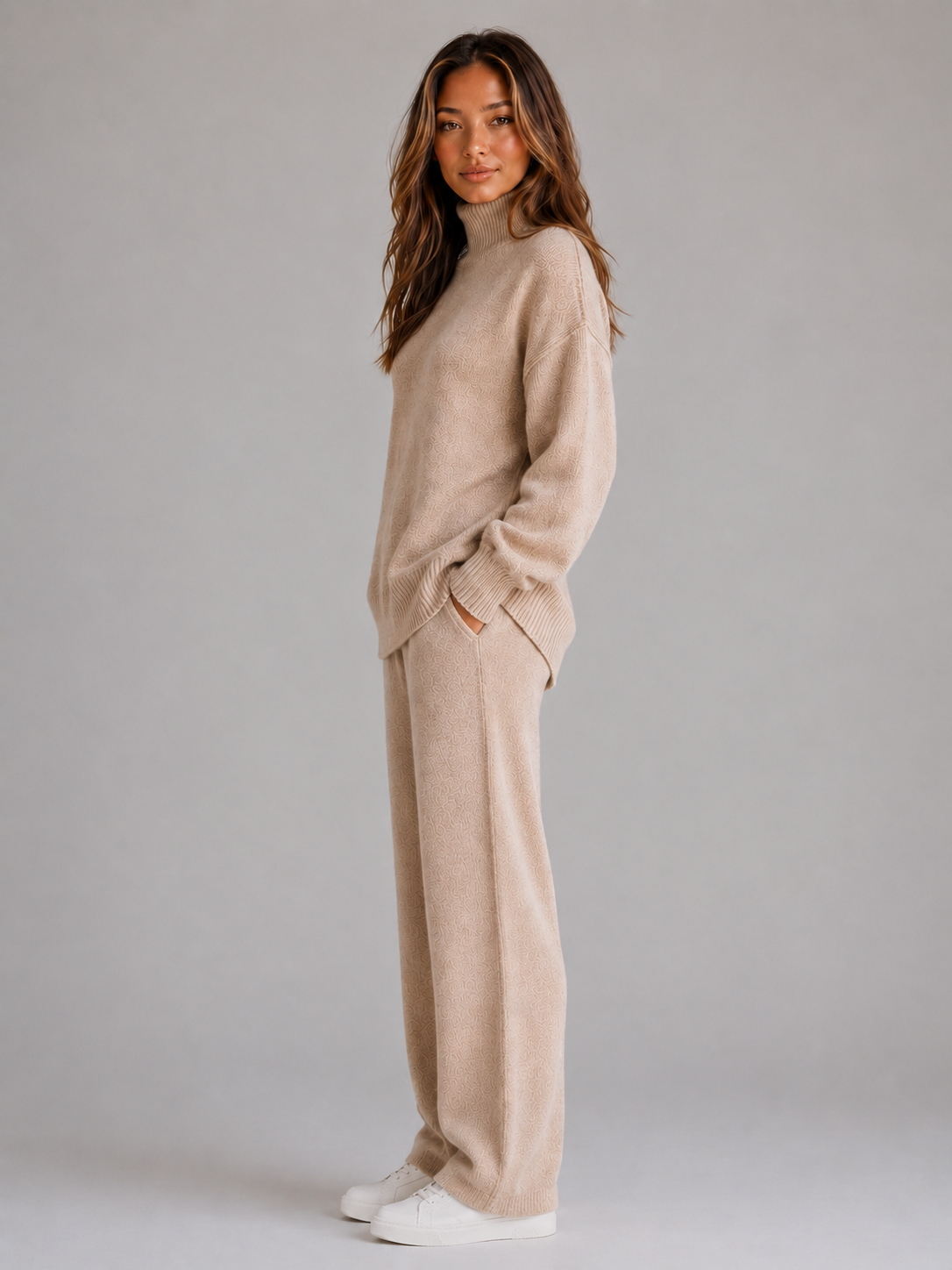 Unity Oversized Roll Neck Lounge Set - Beige