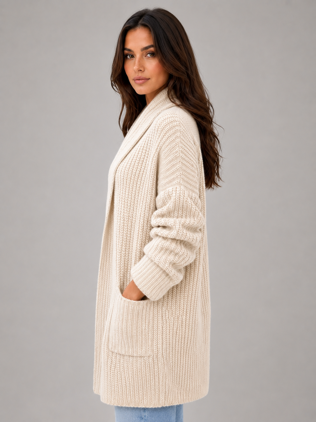 Usha Open Front Longline Cardigan - Beige