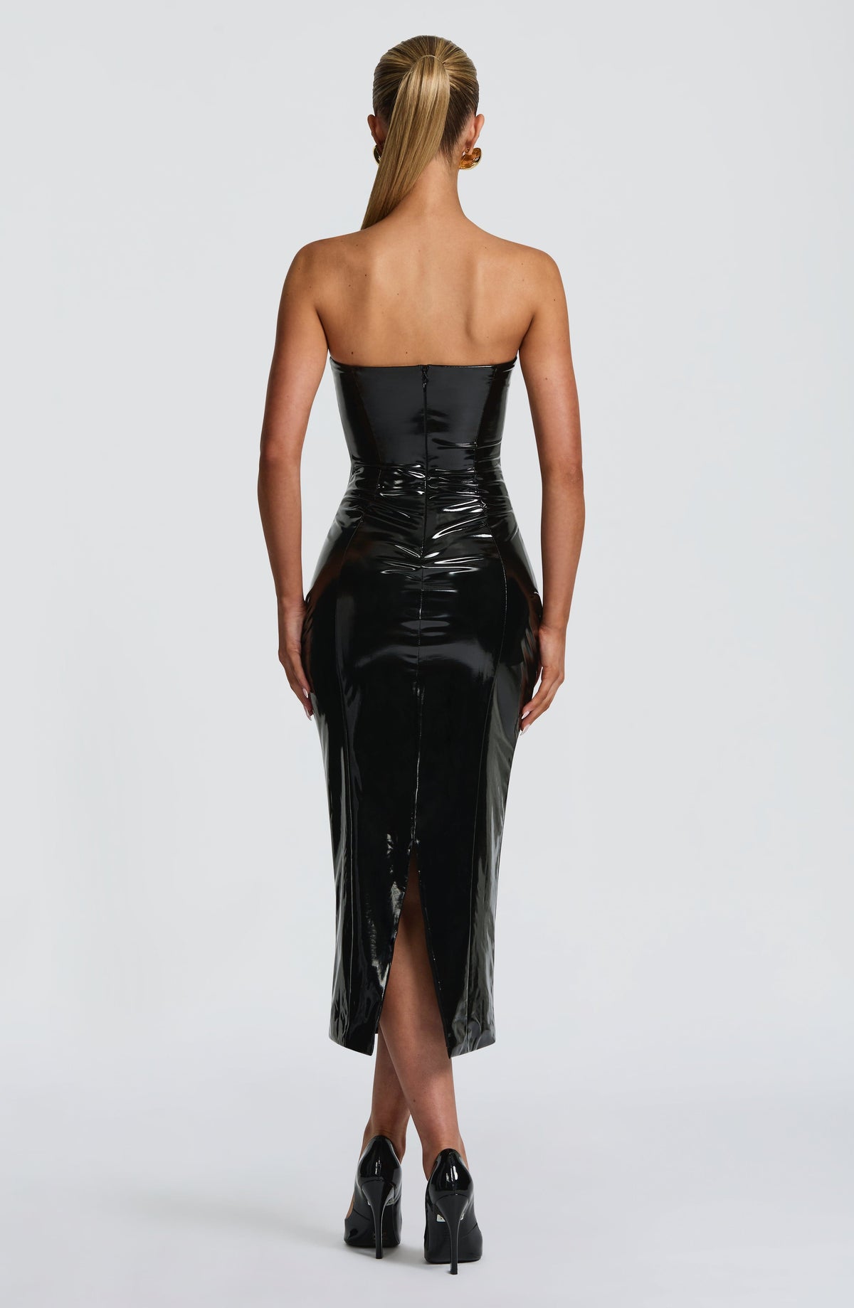 Valda High Shine Bustier Midi Dress - Black