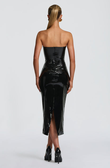 Valda High Shine Bustier Midi Dress - Black