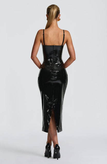 Valda High Shine Bustier Midi Dress - Black