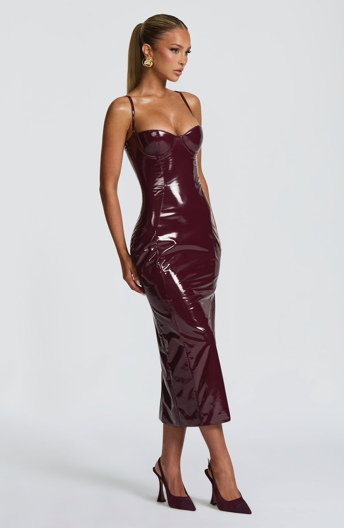 Valda High Shine Bustier Midi Dress - Burgundy