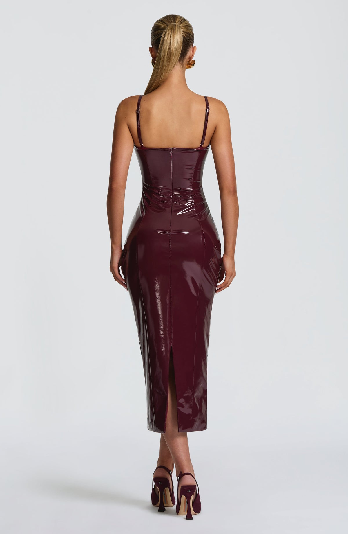 Valda High Shine Bustier Midi Dress - Burgundy