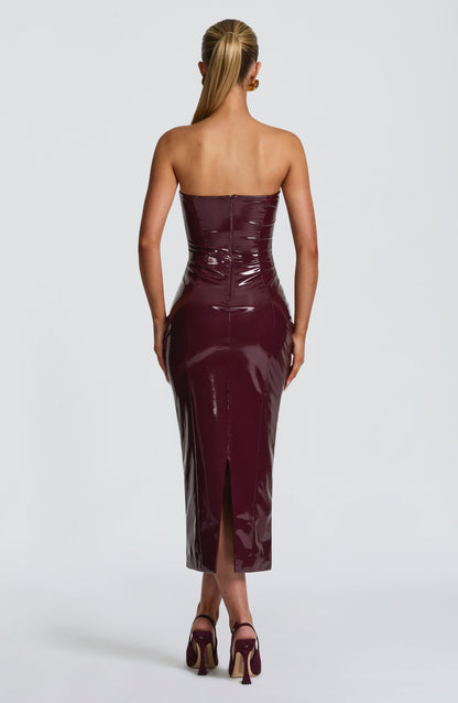 Valda High Shine Bustier Midi Dress - Burgundy