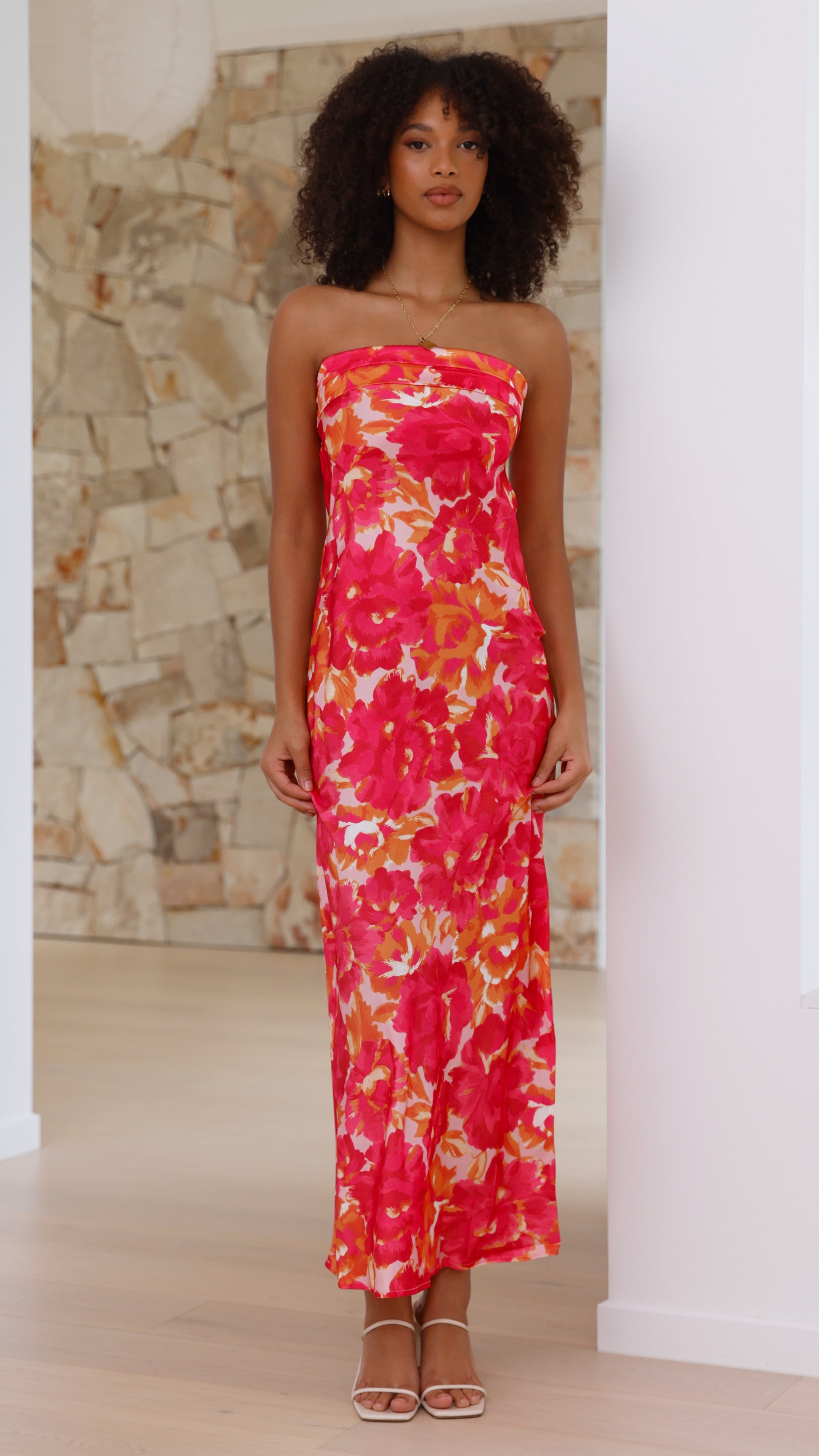 Strapless pink floral midi dress with ruched bodice and long length