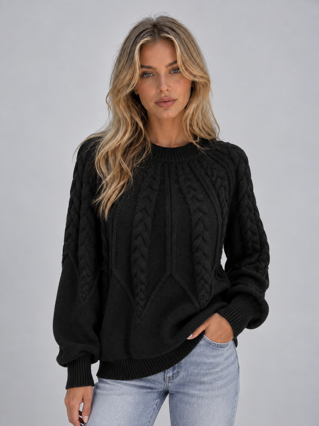Valentia Cable Knit Crew Neck Sweater - Black